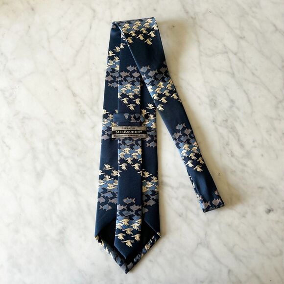 MC Escher Sky and Water Design Men's Silk Neck Tie Blue Cream Flying Fish Birds - Picture 3 of 4